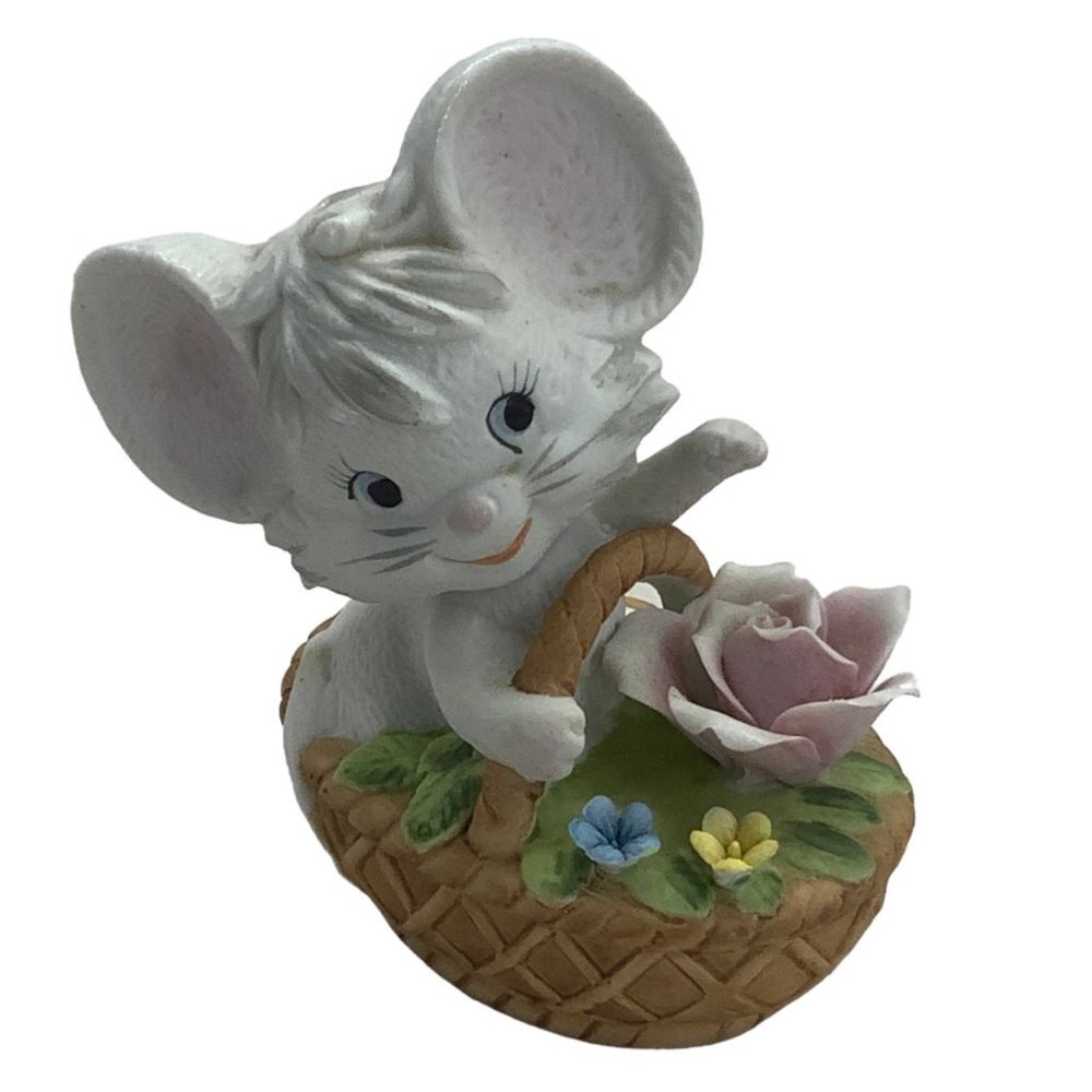 Vtg Enesco Easter Mouse Figurine Big Ears Porcelain Pink Roses Basket E-3005 3"H